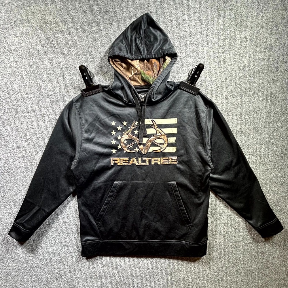 Realtree By Buckhorn River Hoodie Men M Black Fleece Camo US Flag Antler Outdoor